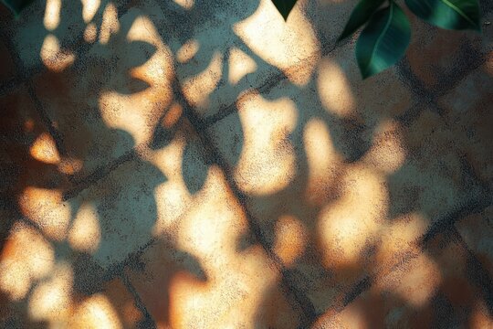 sunlit leaf shadows cast across a textured wall with visible green leaves, warm tranquil atmosphere