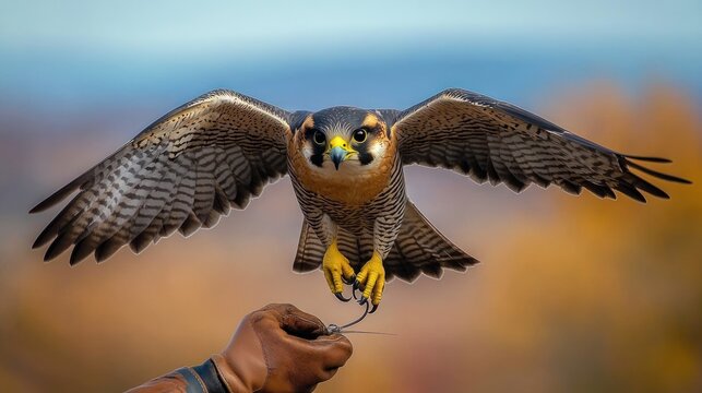 falcon in flight returning to a gloved falconer hand with wings spread wide and intense focused gaze against a soft autumn background