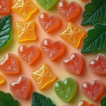 colorful sugar-coated gummy hearts, star-embossed square gummies and leaf-shaped green candies arranged in a playful, bright and cheerful pattern on a soft pastel background