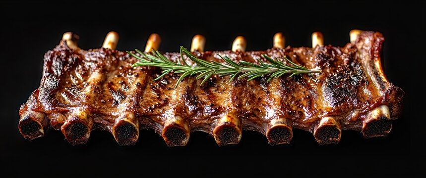 glazed grilled rack of ribs with charred edges and a fresh rosemary sprig on a black background, succulent and mouthwatering