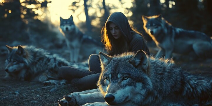 Hooded figure sitting among a pack of wolves in a dim forest at dusk with golden backlight, a large wolf in the foreground gazing calmly, mood serene and mysterious