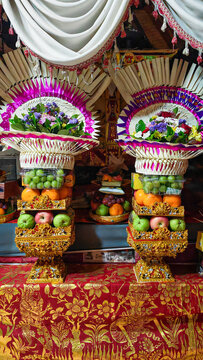 Gebogan Balinese Traditional Fruit Offering for Religious Ceremony in Temple