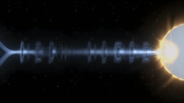 Dramatic illustration of a white dwarf star accreting matter from a companion star emitting intense energy and creating a cosmic jet stream in deep space