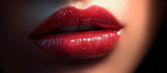 close-up of glossy red lips slightly parted showing a hint of teeth, smooth skin and bright reflections, sensual and alluring mood