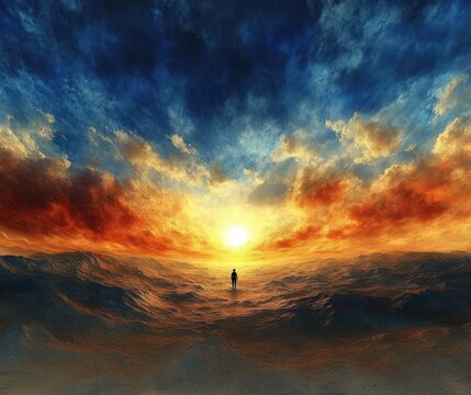 A lone figure stands on rolling waves beneath a blazing sunset, fiery clouds and a vast blue sky evoking awe and solitude.