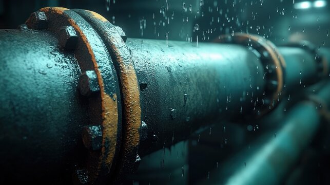 close-up of a large corroded metal pipe with bolted flanges and rust, water droplets dripping and wet surfaces conveying an urgent industrial leak
