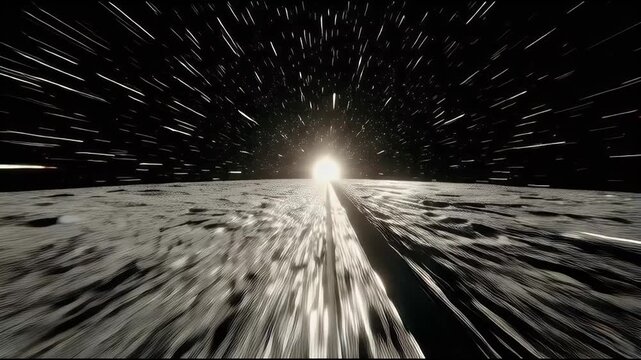 Dramatic tunnel vision effect showcasing a bright light source emerging from a textured lunar landscape creating a sense of speed and otherworldly exploration