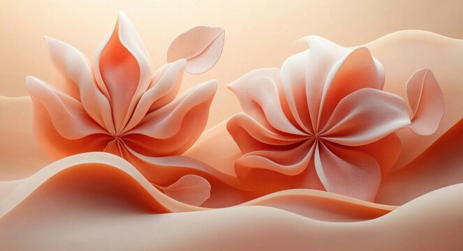 two delicate peach fabric-like flowers with flowing layered petals atop soft undulating waves, serene elegant pastel composition