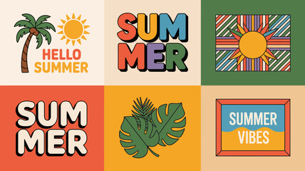 A vibrant colorful grid displays summery illustrations and typography featuring a palm tree sun and the words summer and hello summer high quality professional detailed modern © rocky