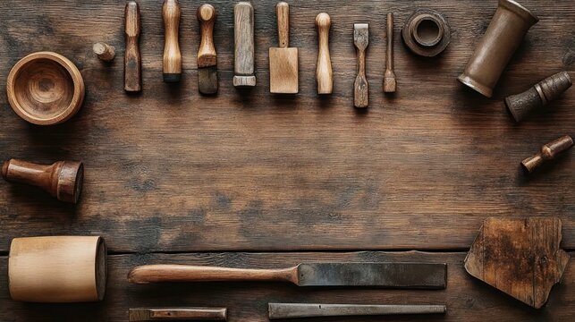 overhead view of arranged wooden carving tools, mallets, chisels, spindles and bowl on an aged workbench, evoking calm rustic artisan craftsmanship