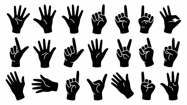 A collection of twenty one black silhouettes depicting various hand gestures and finger counts arranged in a grid like pattern on a white background high quality