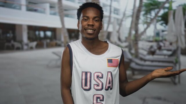 Young african american man wearing white basketball jersey with usa flag patch holds open palm gesture at building; confidence.
