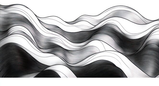 black and white flowing layered waves of fine parallel lines forming undulating hills, serene rhythmic motion