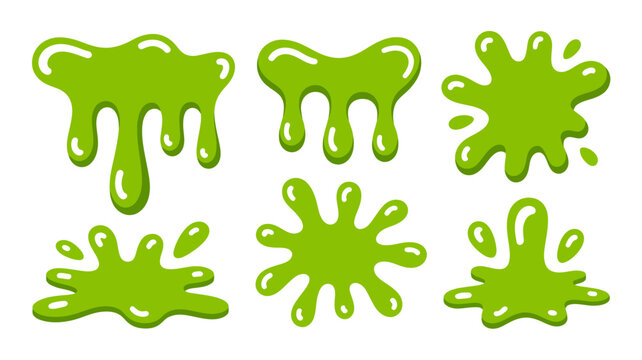 A collection of bright green slime splatters and drips are displayed against a clean white background creating a playful aesthetic high quality professional detailed modern elegant