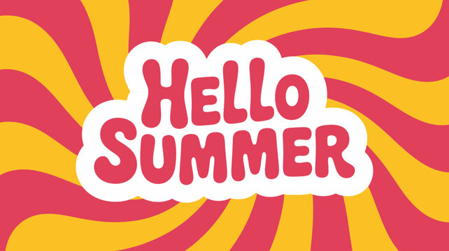 A vibrant illustration features the text hello summer set against a swirling retro style background of red and golden yellow rays high quality professional detailed modern