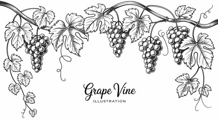 A detailed vintage style illustration showcases lush grape vines with hanging bunches of grapes and intricate leaf patterns high quality professional modern elegant stylish clean crisp © rocky