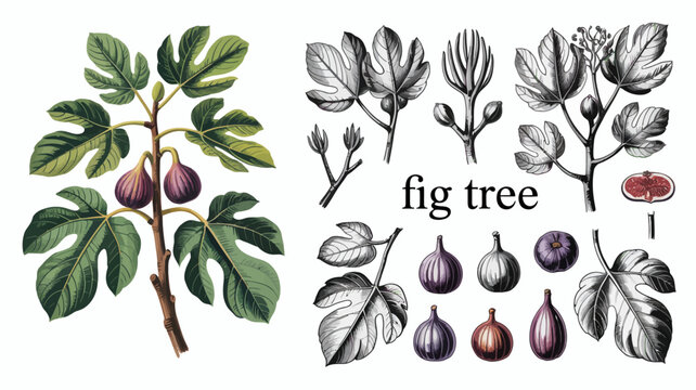 A vintage botanical illustration showcases various stages of a fig tree s growth including leaves figs and a cross section high quality professional detailed modern elegant