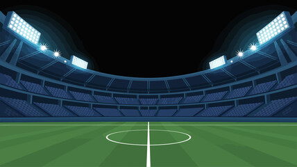 A brightly lit soccer stadium is shown with empty blue seating a green field and a central circle marking the field s midpoint high quality professional © rocky