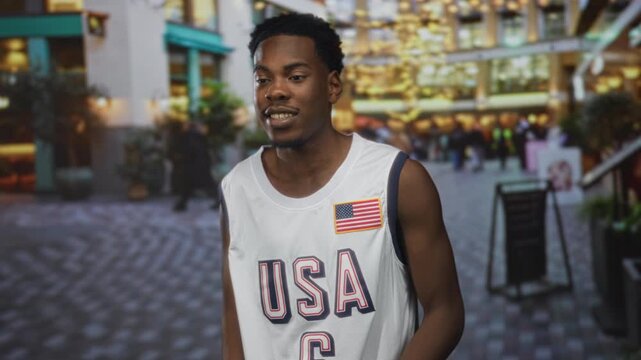 Man wearing usa jersey waves hand along bustling city street lined with illuminated storefronts and buildings; eagerness connection.