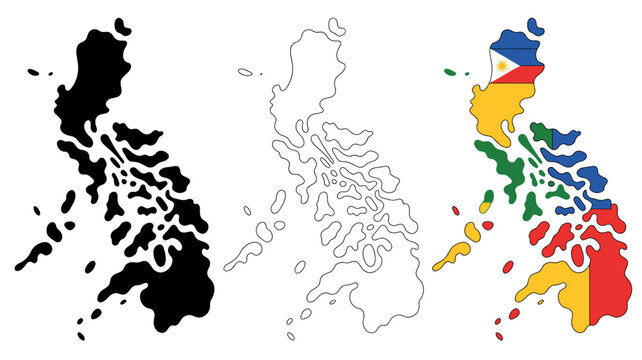 A visual representation displays the philippines in three variations a silhouette an outline and a colored map with its national flag high quality professional detailed modern