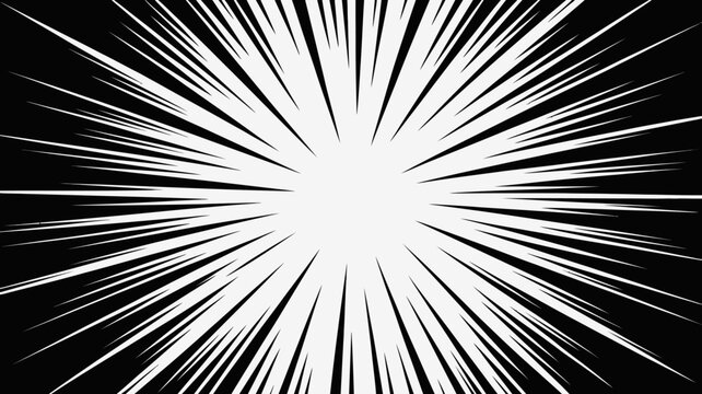 A stark black and white image depicts a radiating burst of light resembling an explosion or impact effect commonly seen in comics high quality professional detailed