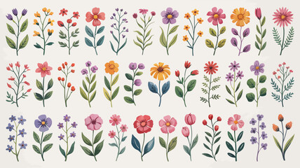 A vibrant collection of watercolor wildflowers and blossoms are displayed across a light neutral background in a repeating pattern high quality professional detailed modern elegant stylish © rocky