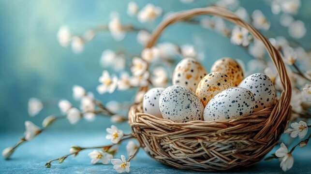 Speckled eggs in a woven basket sit beside delicate white blossoms on a blue background capturing spring calm and simple nourishment