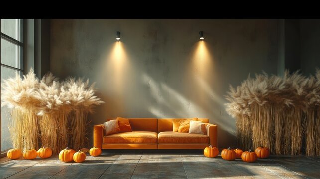 Cozy autumn living room with an orange sofa, orange cushions, pumpkins along the floor, and tall dried grasses under warm spotlights