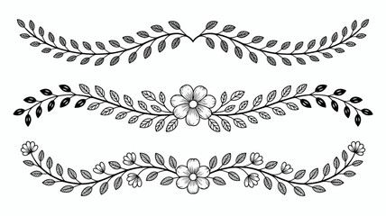 Fototapeta premium A set of three delicate floral branch designs are displayed in black and white featuring leaves and small blossoms high quality professional detailed modern elegant stylish