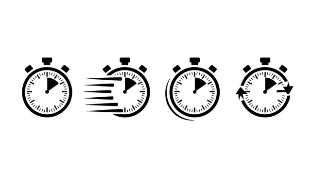 A set of four black stopwatch icons illustrates the progression of time showcasing different stages of timing or speed measurement high quality professional detailed modern elegant