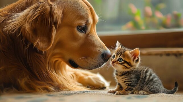 Gentle golden retriever nose-to-nose with curious tabby kitten on a soft rug by a sunlit window, tender affectionate moment