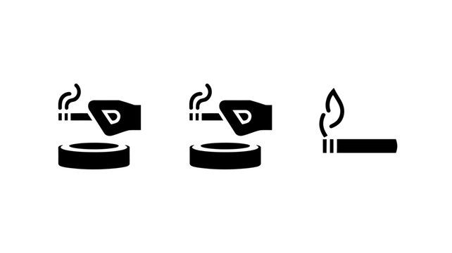A series of three black silhouette icons depict a hand holding a lit cigarette over an ashtray and a single burning cigarette high quality professional detailed