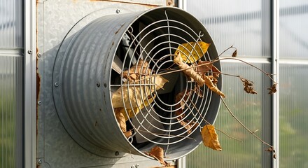 Fototapeta premium Clogged ventilation fan with leaves on exterior wall of greenhouse structure