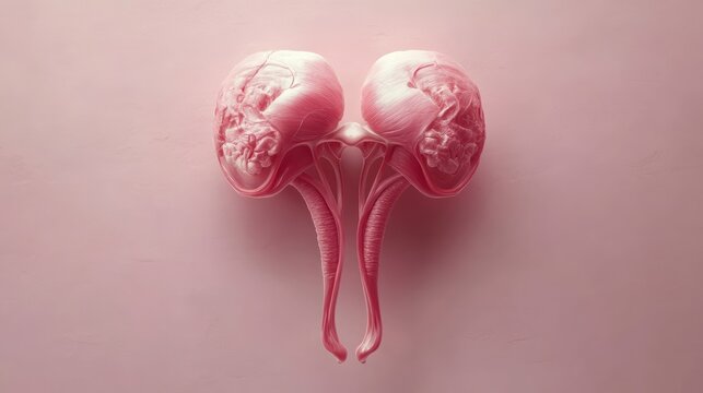 delicate pink anatomical sculpture of a uterus with fallopian tubes and ovaries on a soft backdrop, serene and intimate