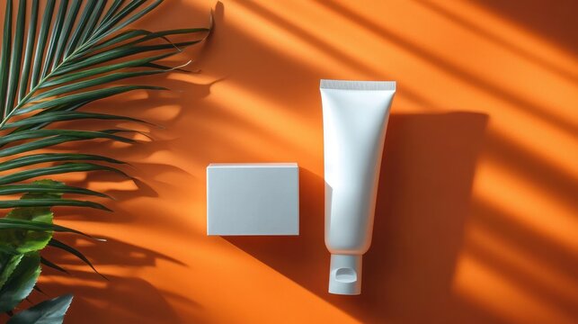 white cosmetic tube and small box on bright orange background with palm leaves and striped sunlight shadows conveying a fresh tropical minimal mood