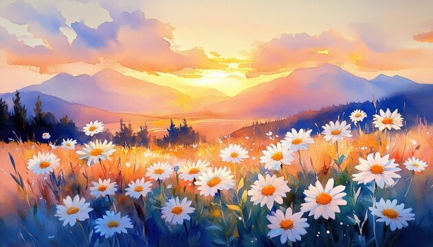 Sunlit daisy meadow with distant blue mountains, pine treeline and pastel clouds, serene warm dreamy watercolor landscape