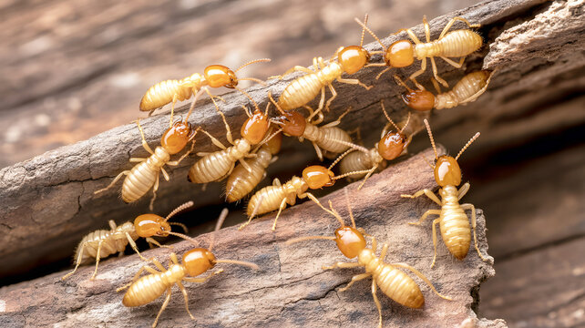 Termite infestation on decaying wood, subterranean termites eating old timber structure, macro photography of wood-destroying insects in a colony, pest control concept for home damage and