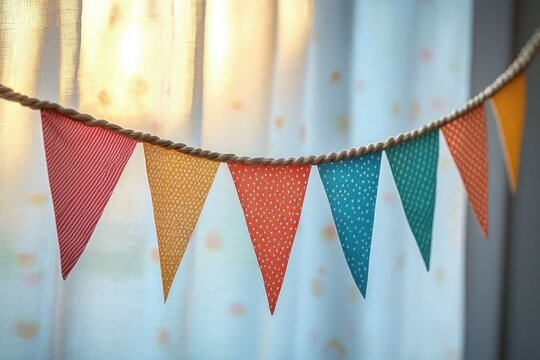 Colorful triangle bunting flags hanging on a rope in front of sunlit pastel curtains, creating a cheerful festive mood