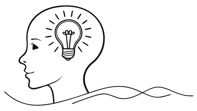 Creative idea concept, light bulb inside human head profile silhouette, symbol for inspiration, innovation, thought, and genius, black and white line art