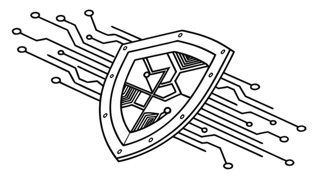Digital security shield icon integrated with electronic circuit board lines, representing cyber protection and data safety, line art