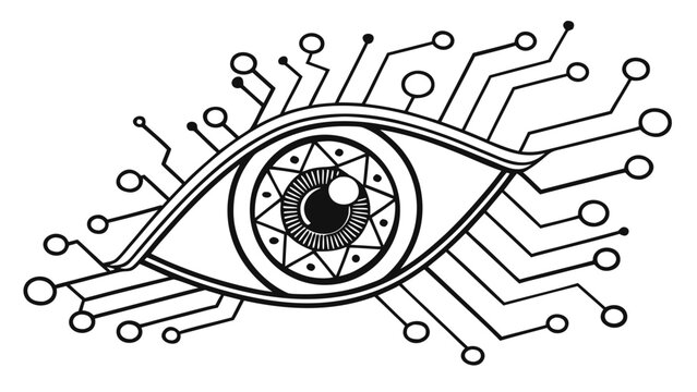 Digital eye icon with circuit board pattern, representing artificial intelligence, surveillance, technology, cybersecurity, and vision systems, line art