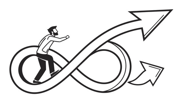 Business growth and progress, businessman riding infinity arrow symbol representing continuous improvement, endless opportunity, and forward motion, infinity loop, line art, black and white