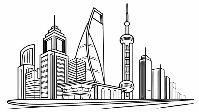 Modern city skyline illustration, collection of diverse skyscrapers and towers in a downtown urban landscape, architectural design and cityscape, real estate, line art, black and white