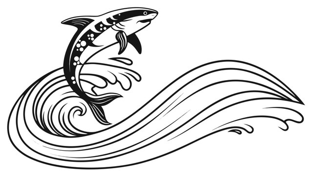 Dynamic shark jumping wave silhouette, aquatic action graphic illustration symbolizing power and the ocean