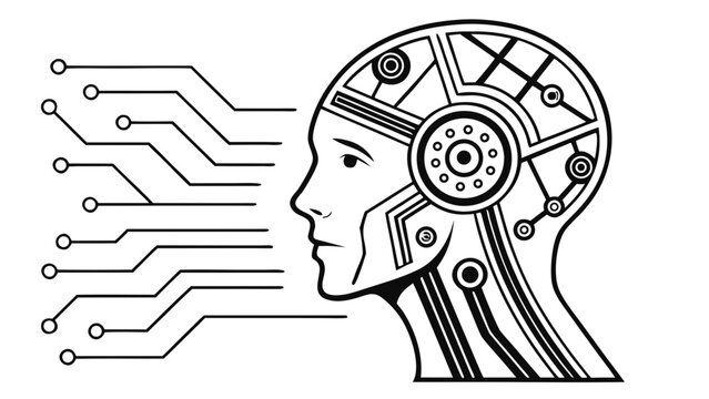 Futuristic robotic head with digital circuits, abstract humanoid profile for AI, cyborg, and advanced technology concepts, artificial intelligence
