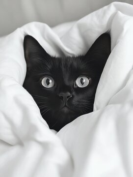 black cat peeking from white blanket with wide curious eyes in cozy bedding