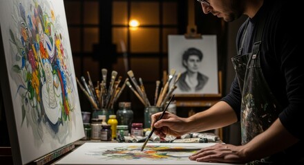 Fototapeta premium Artist Capturing a Portrait in a Dimly Lit Studio