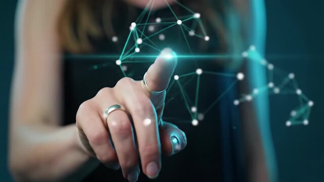Clean human hand subtly interacts with glowing futuristic teal network in abstract deep blue setting, triggering ethereal data transmission. Concept of seamless technology integration