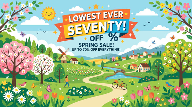 Spring Sale Banner with Colorful Landscape and Discount