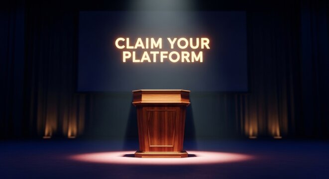 Wooden Podium Under Spotlight With 'Claim Your Platform' Message